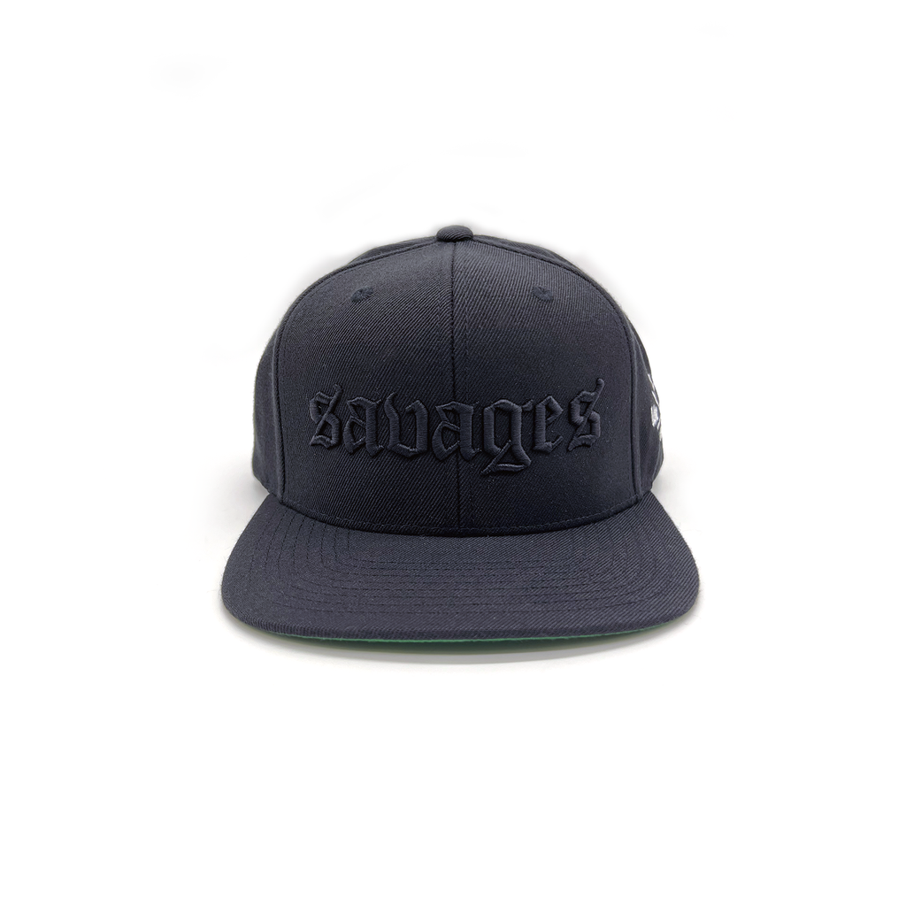 Savages Old English 6 Panel Snapback - Black on Black